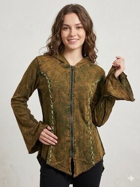 Kathmandu Olive Green Brown Acid Wash Cotton Lace up Jacket flared sleeves NWT